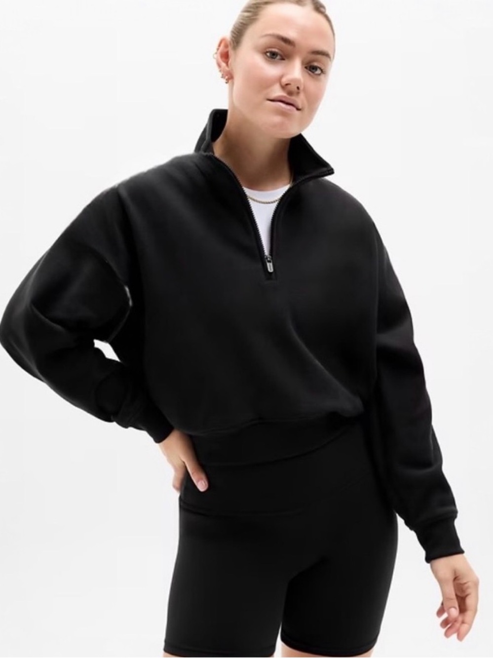 Athleta Forever Fleece Black Half-Zip Cropped Pullover